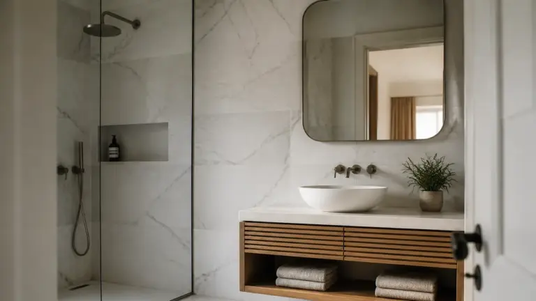 Salle de bain marbre blanc et gris au style élégant