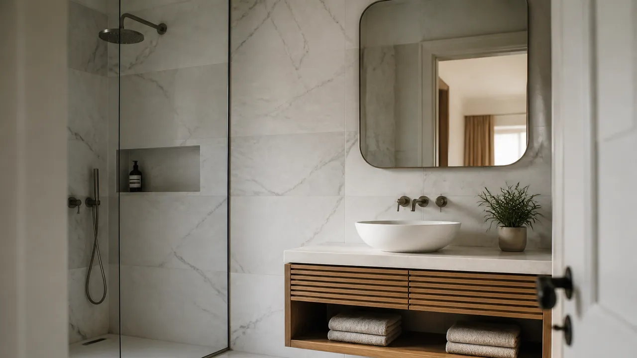 Salle de bain marbre blanc et gris au style élégant