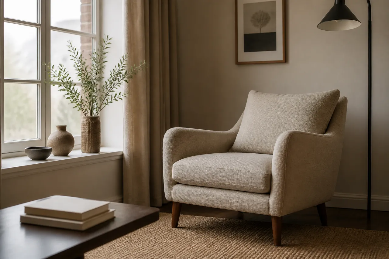 Fauteuil près d'une fenêtre, idéal pour choisir entre canapé ou fauteuil