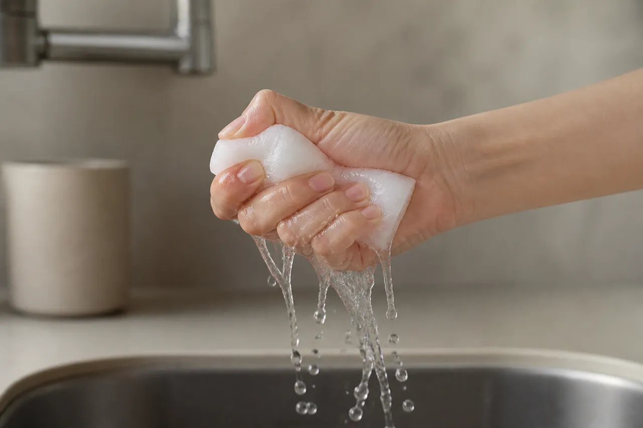 Préparation d'une éponge magique humide en mousse de mélamine