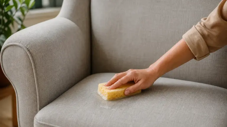 Nettoyage d'un fauteuil en tissu non déhoussable avec une éponge