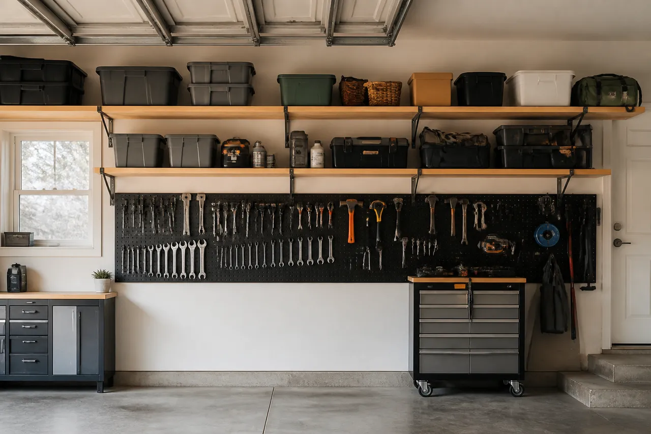 Aménagement garage : panneaux muraux et rangement au plafond