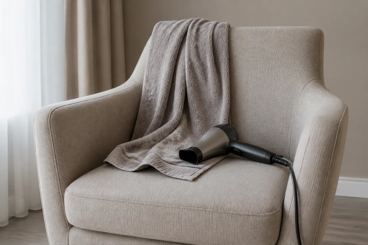 Séchage d'un fauteuil en tissu non déhoussable après nettoyage